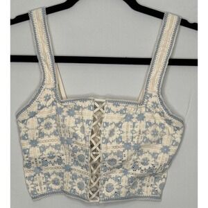 Aerie Real Good Lace Up Crop Top XS Blue White Floral Lace Cottagecore